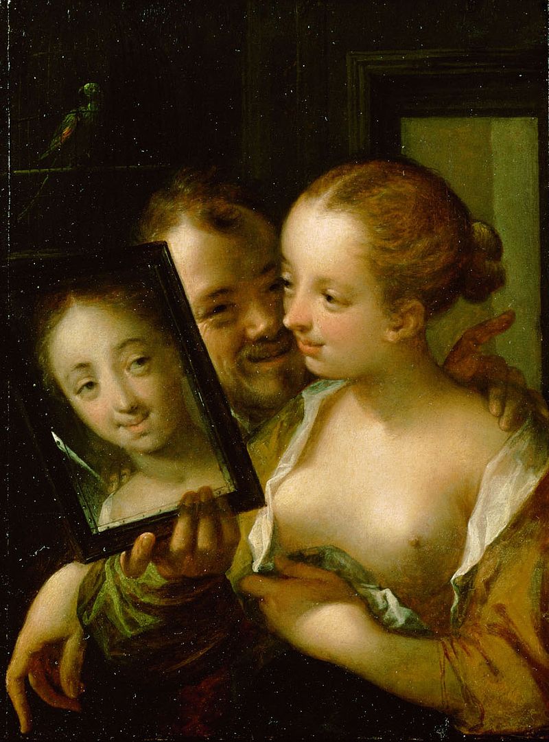 Mladý pár se zrcadlem, autoportrét malíře, 1596