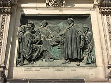 Aurogallus Matthaeus, Martin Luther, Philipp Melanchthon a další na reliéfu katedrály v Berlíně