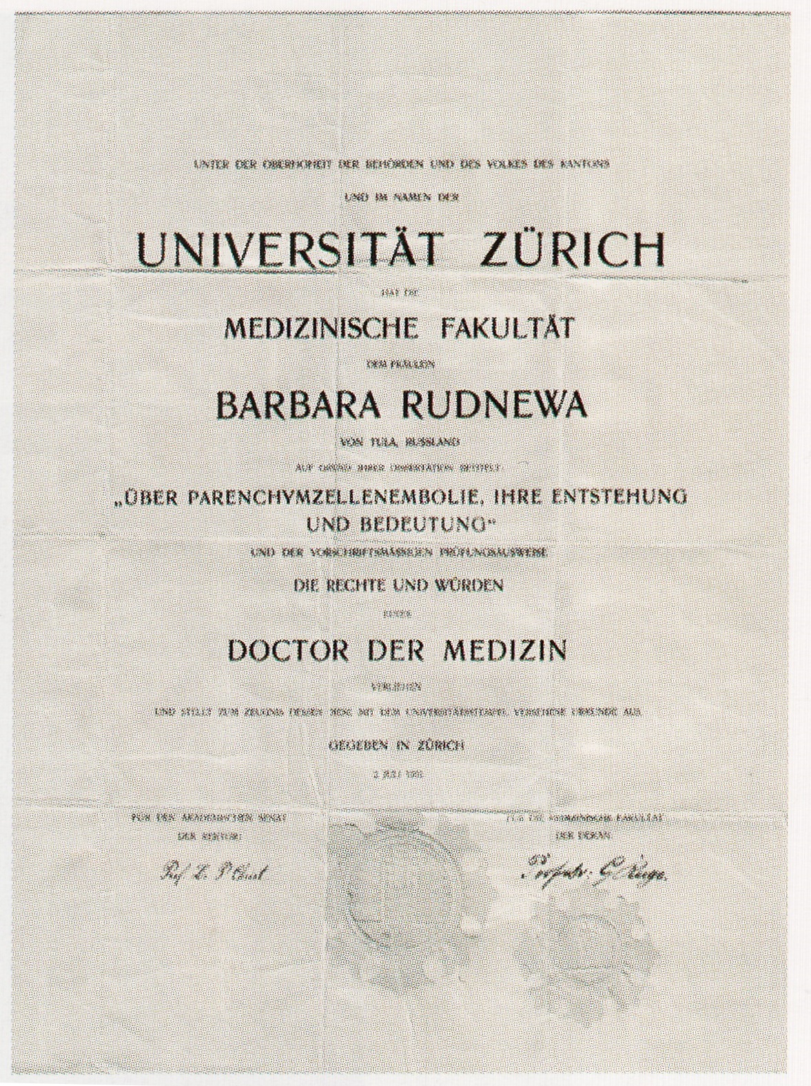 Doktorský diplom V. Bezděkové (tehdy ještě Rudněvové) z Curychu
