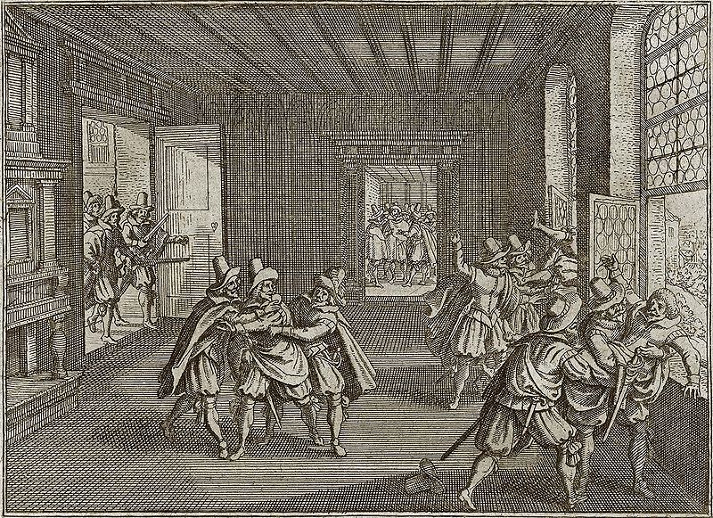 Pražská defenestrace 1618, soudobá mědirytina z Theatrum Europaeum