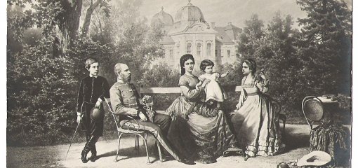František Josef I. s manželkou Alžbětou Bavorskou a jejich dětmi Rudolfem, Valerií a Giselou