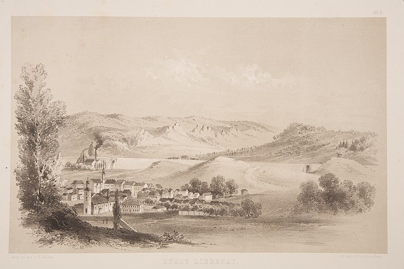 Pohled na Hodkovice nad Mohelkou okolo roku 1866, v pozadí Blaschkova továrna