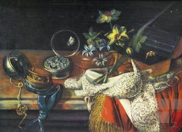 Zátiší se šperkovnicí, hodinami, krajkou a květinou, 1703