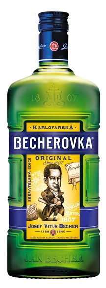 Josef Vitus Becher na ikonické lahvi Becherovky