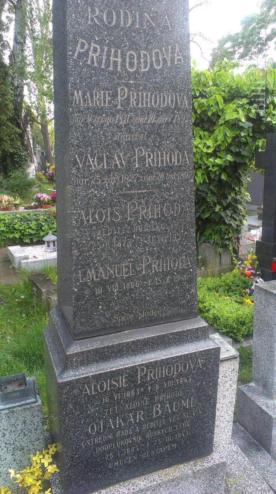 Hrob Otakara Bäumla a rodiny jeho manželky v Krči, datum úmrtí se neshoduje