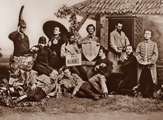 Žertovná fotografie plzeňské pánské společnosti (1870)
