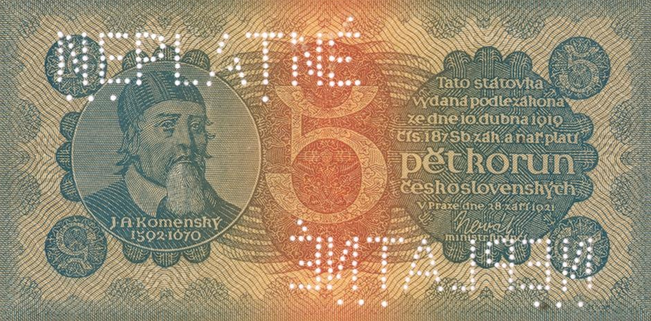 Pětikorunová bankovka z roku 1921, autorem návrhu je Jaroslav Benda