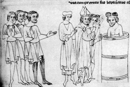 Křest Bořivoje vyobrazený ve Velislavově Bibli (1. polovina 14. století)